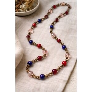 Handmade Glass Bead Necklace Wire Wrapped Boho Rustic Long Chain Red Blue